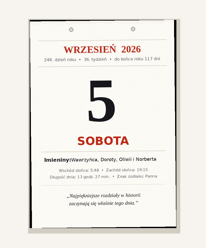 Kartka ze zrywanego kalendarza: 5 września 2026, sobota